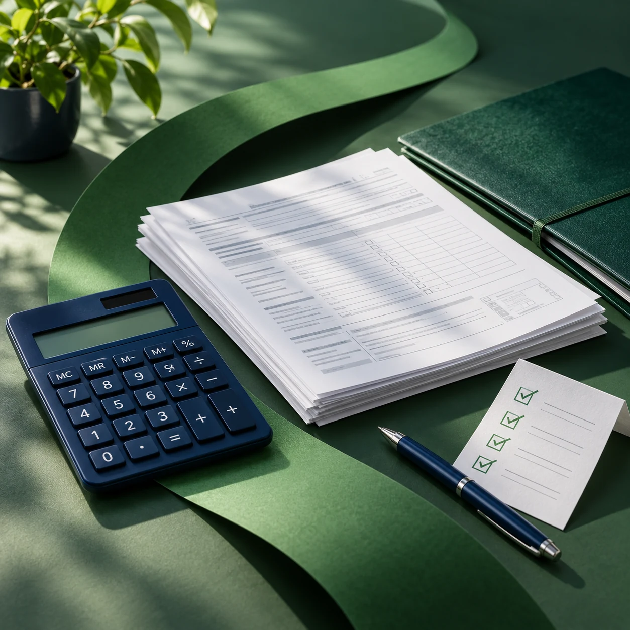 Navy calculator, organized tax paperwork, and green stationery arranged along a curved paper path.